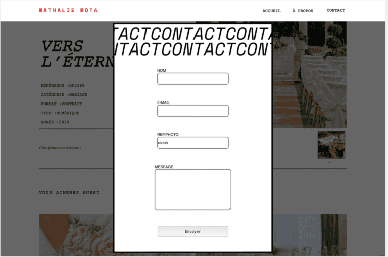 Formulaire de contact du site Nathalie Mota avec sélection automatique de la référence de la photo