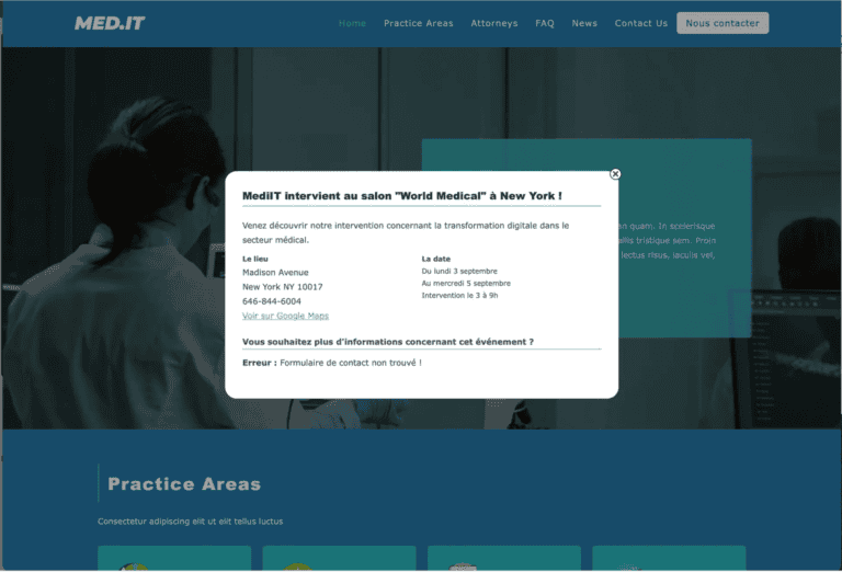 Pop up de contact de la page d'accueil du site Med-it